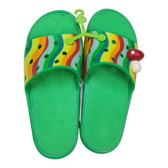 Classic Crocs Terrycloth Slides Men 14 Rainbow Wave Strap Mushroom Charm Clog - Picture 2 of 9